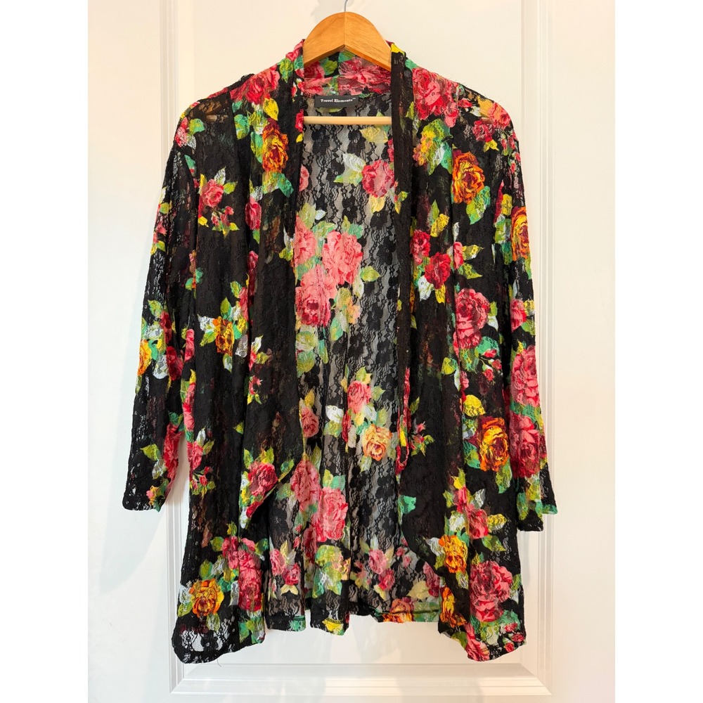 Travel Elements Womens Floral Lace Open Front Cardigan Black Red SW9748 1X